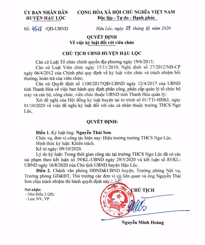 Quyết định kỷ luật đối với ông Nguyễn Thái Sơn. Ảnh: LC