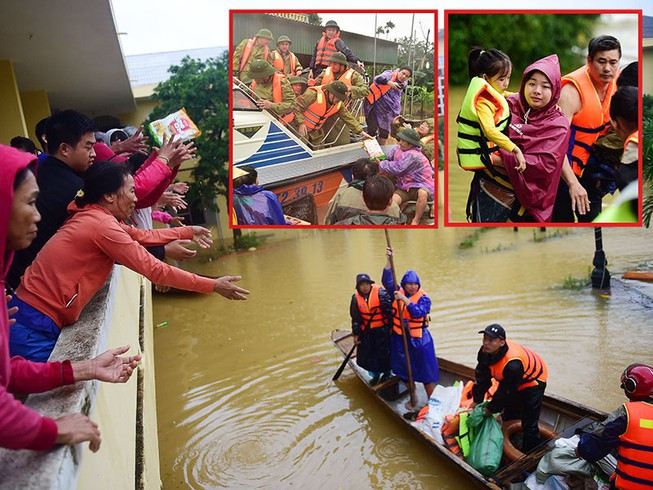 Những hình ảnh xúc động trong cơn lũ miền trung. Ảnh: PLO