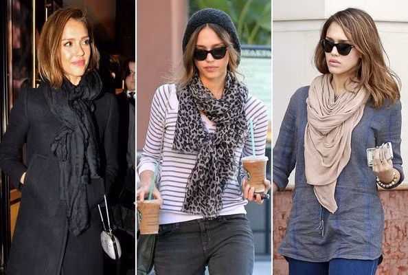 Nếu bạn để ý một chút, bạn sẽ thấy ngôi sao nữ xinh đẹp, nổi tiếng và là mẹ của hai đứa con này thường chọn đồ đơn giản, năng động nhưng cực nữ tính, cuốn hút và tinh tế. Jessica Alba yêu thích vẻ đẹp tự nhiên, chính vì thế mà cách cô diện đồ hay trang điểm cũng khá đơn giản để chúng ta có thể học theo cô nàng, hãy cùng CNĐ tìm hiểu nhé. 1. Dùng khăn choàng cổ: Rõ ràng khăn quàng cổ khiến người đẹp Jessica Alba thêm duyên dáng, nữ tính.