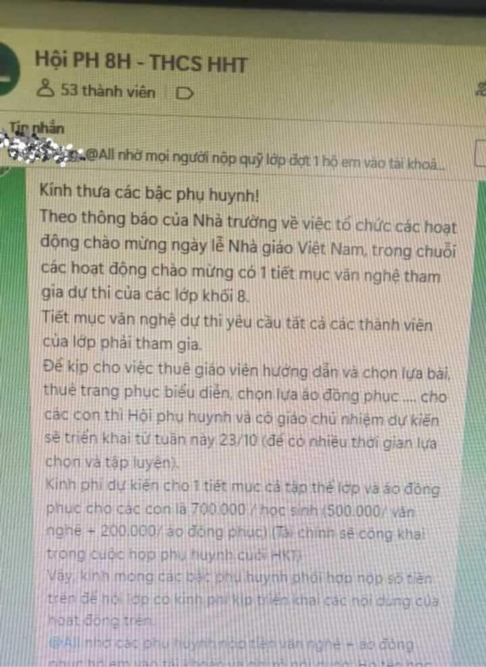Tin nhắn vận động thu 700.000 đồng/ học sinh để phục vụ công tác chào mừng ngày Nhà giáo Việt Nam 20/11. Ảnh chụp màn hình. Tin nhắn vận động thu 700.000 đồng/ học sinh để phục vụ công tác chào mừng ngày Nhà giáo Việt Nam 20/11. Ảnh chụp màn hình.