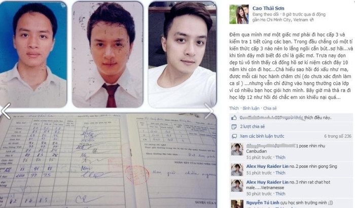 Bảng điểm học tập lớp 12 của Cao Thái Sơn và bức hình thời học sinh của anh