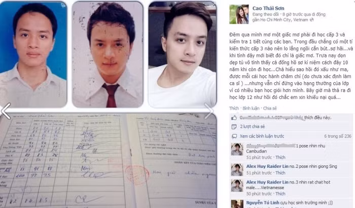 Bảng điểm học tập lớp 12 của Cao Thái Sơn và bức hình thời học sinh của anh