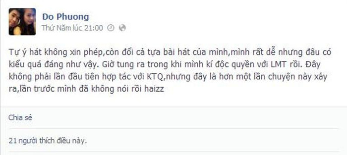 Nhạc sĩ Đỗ Phương chia sẻ trên facebook của mình rằng Khổng Tú Quỳnh đã tự ý hát bài hát của anh khi chưa hỏi ý kiến Nhạc sĩ Đỗ Phương chia sẻ trên facebook của mình rằng Khổng Tú Quỳnh đã tự ý hát bài hát của anh khi chưa hỏi ý kiến