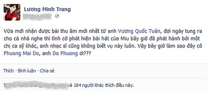 Ca sĩ Lương Minh Trang tỏ thái độ không đồng ý với hành động của Khổng Tú Quỳnh Ca sĩ Lương Minh Trang tỏ thái độ không đồng ý với hành động của Khổng Tú Quỳnh