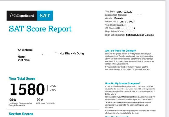 Kết quả điểm thi SAT của Bùi An Bình. Kết quả điểm thi SAT của Bùi An Bình.