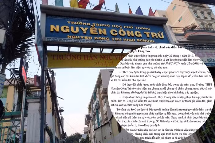 Trường Trung học phổ thông Nguyễn Công Trứ và văn bản trả lời báo chí của Sở Giáo dục và Đào tạo Thành phố Hồ Chí Minh (ảnh nhỏ). (Ảnh: H.L)