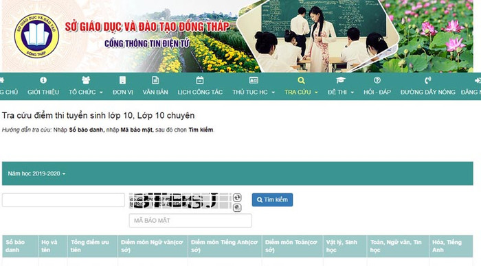 Giao diện tra cứu điểm thi tuyển sinh vào lớp 10 các trường công lập trên Cổng thông tin Sở Giáo dục và Đào tạo tỉnh Đồng Tháp. (Ảnh: H.L) Giao diện tra cứu điểm thi tuyển sinh vào lớp 10 các trường công lập trên Cổng thông tin Sở Giáo dục và Đào tạo tỉnh Đồng Tháp. (Ảnh: H.L)