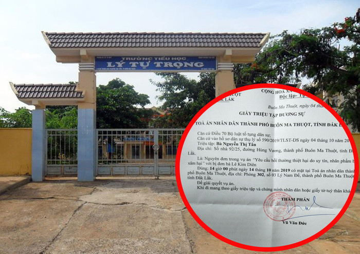 Trường Tiểu học Lý Tự Trọng và giấy triệu tập đương sự. (Ảnh: H.L)