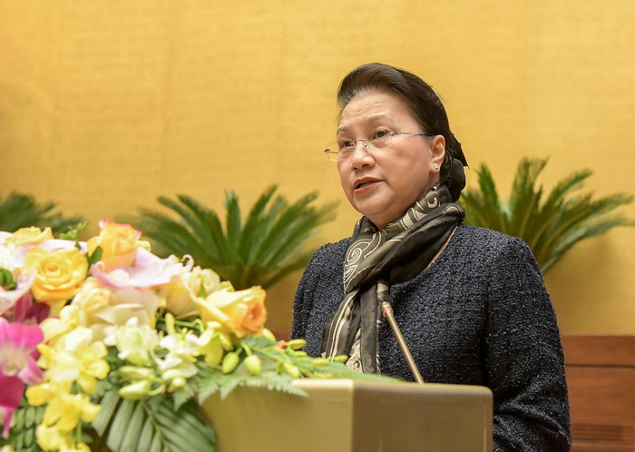 Chủ tịch Quốc hội Nguyễn Thị Kim Ngân, Chủ tịch Hội đồng bầu cử quốc gia phát biểu. Ảnh: Quochoi.vn