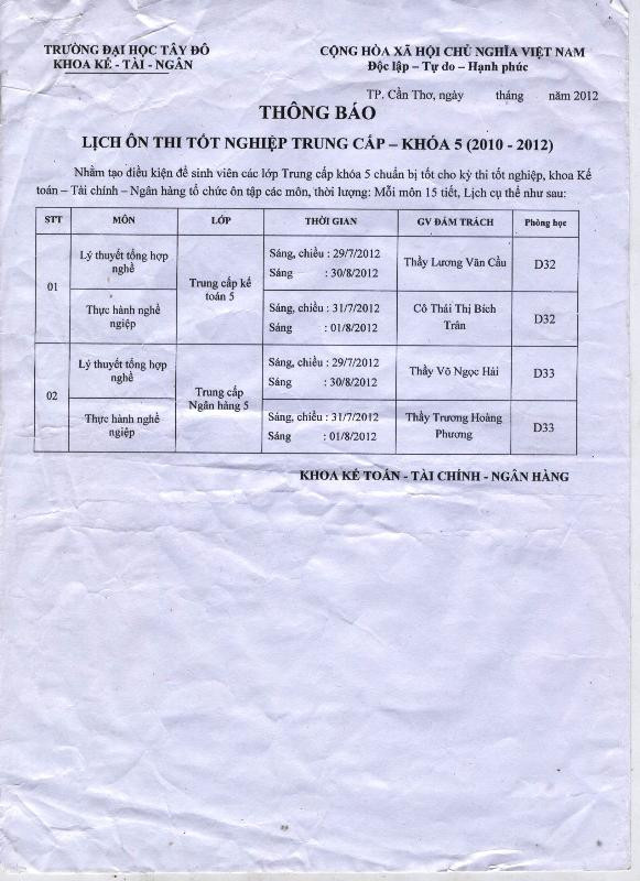 Lịch ôn thi tốt nghiệp của các lớp Trung cấp Tài chính Ngân hàng khóa 5 (ngày 30/7 bị gõ máy tính nhầm thành 30/8). Lịch ôn thi tốt nghiệp của các lớp Trung cấp Tài chính Ngân hàng khóa 5 (ngày 30/7 bị gõ máy tính nhầm thành 30/8).