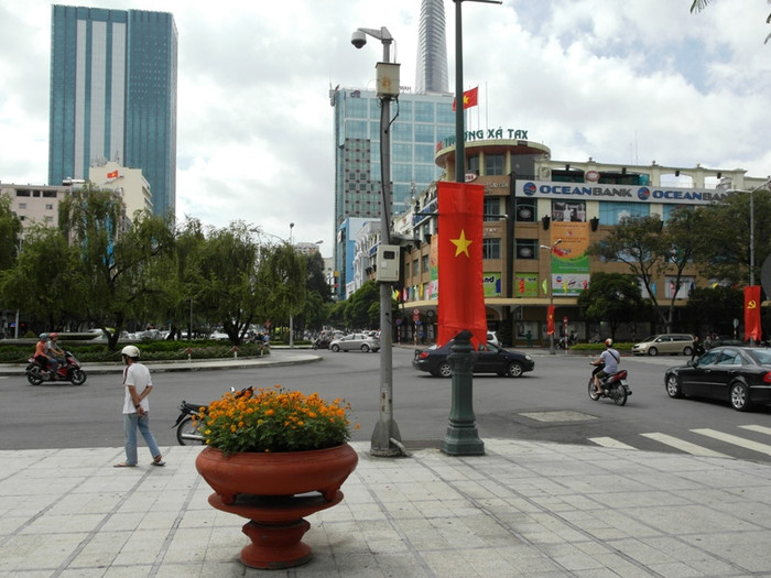 Cờ, hoa đỏ rực giữa trung tâm thành phố