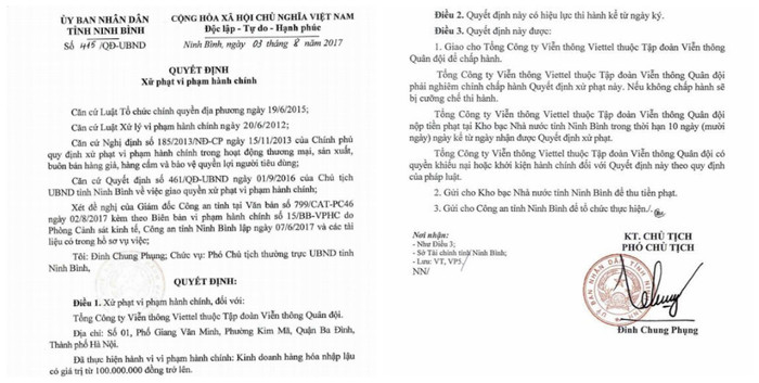 Quyết định xử phạt của Ủy ban nhân dân tỉnh Ninh Bình (Ảnh: LC) Quyết định xử phạt của Ủy ban nhân dân tỉnh Ninh Bình (Ảnh: LC)