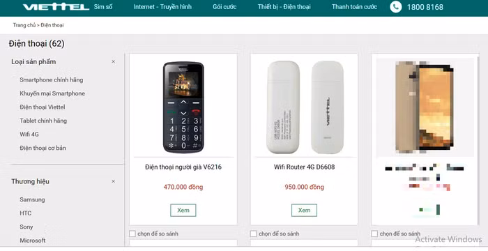 Ảnh chụp màn hình một số sản phẩm của Viettel ngày 11/3 (Ảnh: LC)