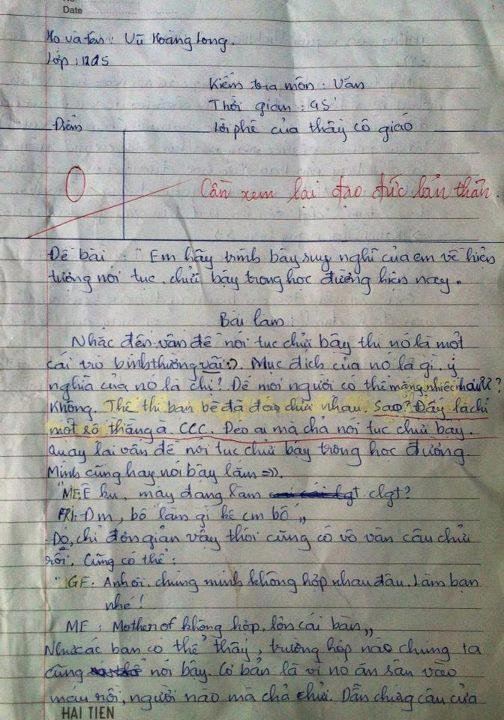 Ảnh chụp từ bài văn viết về hiện tượng nói tục, chửi bậy