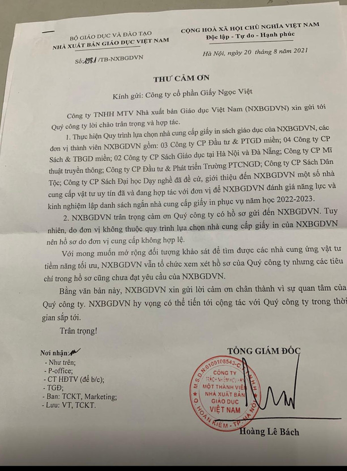 Công văn mà Nhà Xuất bản Giáo dục Việt Nam trả lời Công ty cổ phần giấy Ngọc Việt đề ngày 20/08/2021 nhưng bì thư chuyển phát nhanh lại là ngày 27/08/2021 và còn ghi sai địa chỉ người nhận. Công văn mà Nhà Xuất bản Giáo dục Việt Nam trả lời Công ty cổ phần giấy Ngọc Việt đề ngày 20/08/2021 nhưng bì thư chuyển phát nhanh lại là ngày 27/08/2021 và còn ghi sai địa chỉ người nhận.