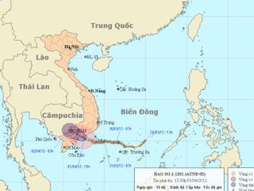 Đường đi của áp thấp nhiệt đới. Ảnh: Trung tâm Dự báo khí tượng thủy văn Đường đi của áp thấp nhiệt đới. Ảnh: Trung tâm Dự báo khí tượng thủy văn