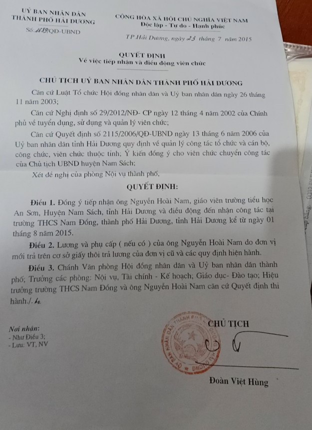 Năm 2015, Phòng Nội vụ thành phố Hải Dương đề xuất gì để thầy Nam chuyển về trường Nam Đồng? Ảnh: Thầy Nam cung cấp.