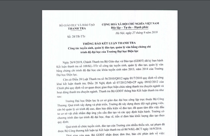 Thông báo kết luận thanh tra của Bộ Giáo dục và Đào tạo. Ảnh: Trần Phương.