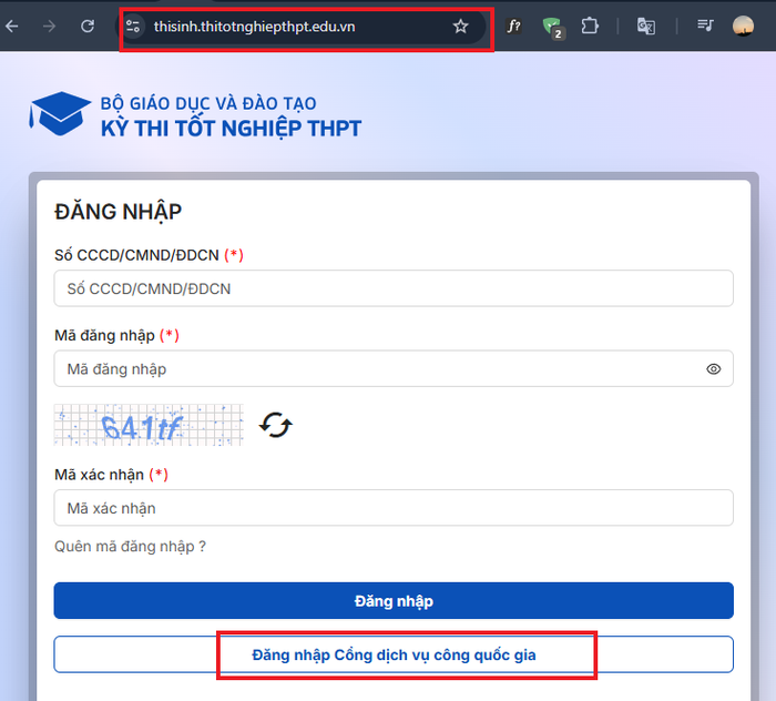 Tại màn hình đăng nhập, thí sinh nhấn nút Đăng nhập cổng dịch vụ công quốc gia. Ảnh chụp màn hình b-1.png