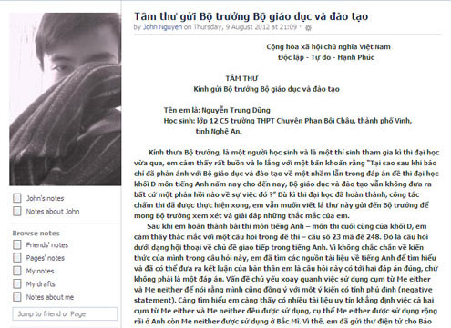 Bức tâm thư gửi Bộ trưởng Bộ GD&ĐT của học sinh Nguyễn Trung Dũng (ảnh chụp Facebook)