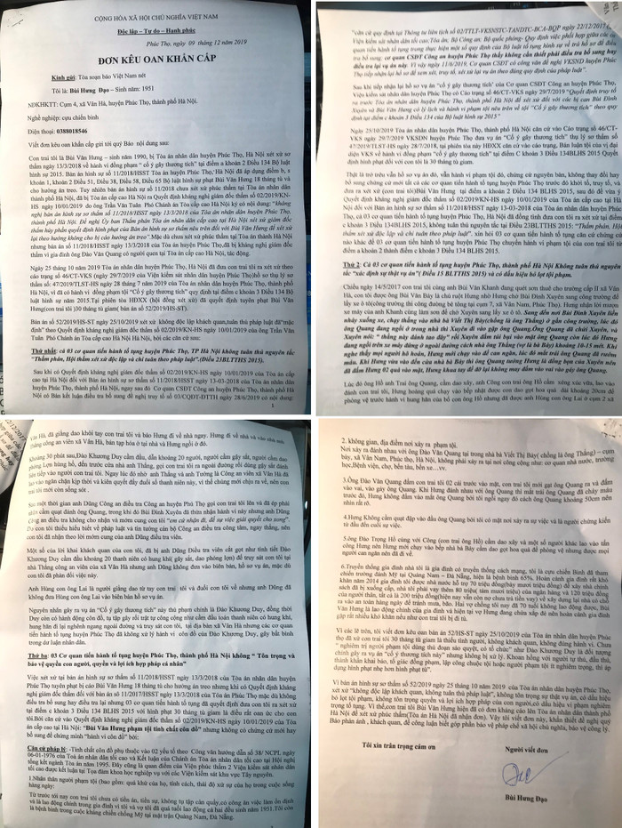 Đơn kêu oan khẩn cấp của cựu chiến binh Bùi Hưng Đạo. Ảnh: LC Đơn kêu oan khẩn cấp của cựu chiến binh Bùi Hưng Đạo. Ảnh: LC