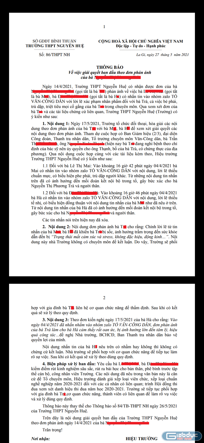Biên bản xử lý ban đầu đối với vụ việc của trường Trung học phổ thông Nguyễn Huệ. Ảnh chụp màn hình
