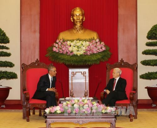 Tổng bí thư Nguyễn Phú Trọng tiếp Tổng thống Mỹ Barack Obama thăm chính thức Việt Nam năm ngoái, ảnh: Báo Quân Đội Nhân Dân. Tổng bí thư Nguyễn Phú Trọng tiếp Tổng thống Mỹ Barack Obama thăm chính thức Việt Nam năm ngoái, ảnh: Báo Quân Đội Nhân Dân.