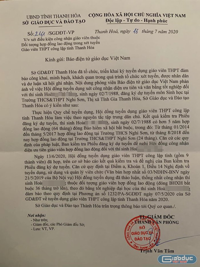 Văn bản trả lời của Sở Giáo dục và Đào tạo tỉnh Thanh Hóa. Ảnh: L.C Văn bản trả lời của Sở Giáo dục và Đào tạo tỉnh Thanh Hóa. Ảnh: L.C