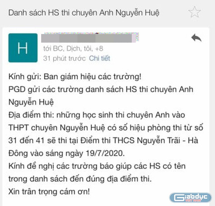 Hơn 23 giờ ngày 18/7, các nhà trường ở quận Cầu Giấy Hà Nội nhận được tin nhắn từ phía Phòng giáo dục và Đào tạo Cầu Giấy về sự thay đổi địa điểm thi môn chuyên Anh vào sáng 19/7.