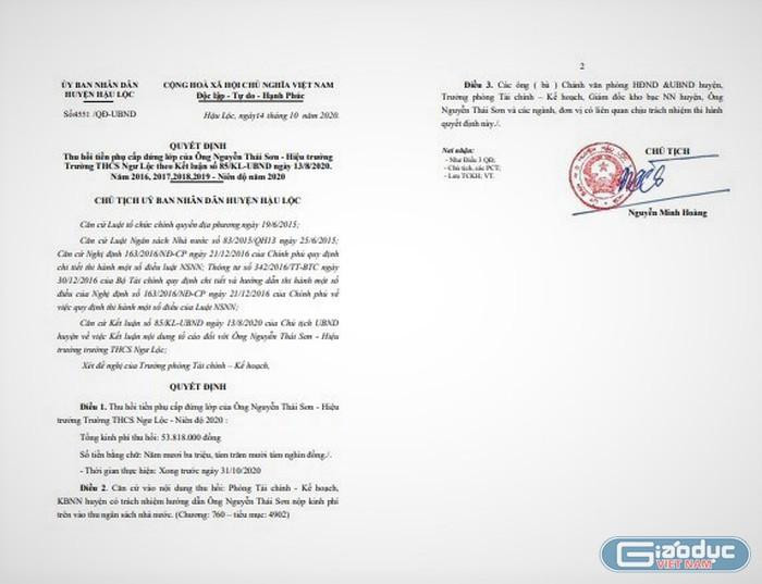 Quyết định truy thu tiền đứng lớp gian dối của ông Nguyễn Thái Sơn. Ảnh: LC Quyết định truy thu tiền đứng lớp gian dối của ông Nguyễn Thái Sơn. Ảnh: LC