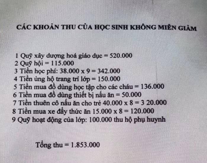 Nhiều khoản tiền tại trường Mầm non thị trấn Sông Mã khiến phụ huynh học sinh băn khoăn. Ảnh: phụ huynh học sinh cung cấp.