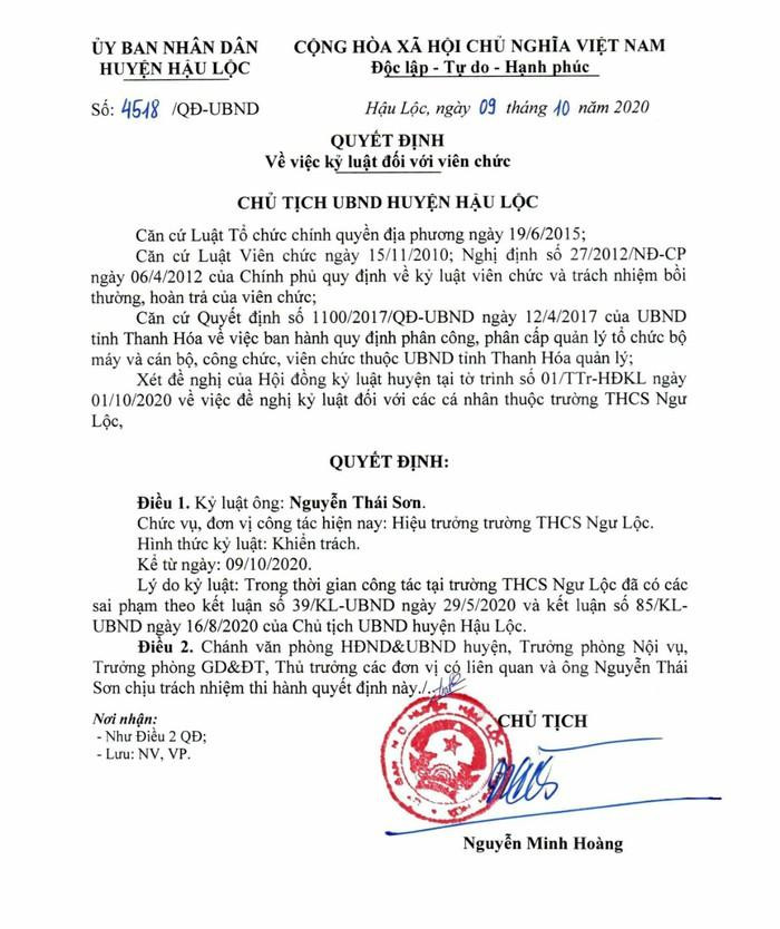 Quyết định kỷ luật đối với ông Nguyễn Thái Sơn. Ảnh: LC Quyết định kỷ luật đối với ông Nguyễn Thái Sơn. Ảnh: LC