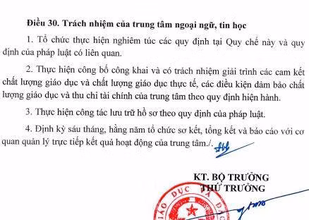 Khoản 2, Điều 30 Thông tư 21 quy định về việc các trung tâm ngoại ngữ phải công khai và cam kết chất lượng giáo dục nhưng nhiều trung tâm không thực hiện nghiêm quy định này. (Ảnh: cắt màn hình)