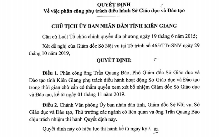Quyết định phân công phụ trách điều hành Sở Giáo dục và Đào tạo tỉnh Kiên Giang. (Ảnh: H.L) Quyết định phân công phụ trách điều hành Sở Giáo dục và Đào tạo tỉnh Kiên Giang. (Ảnh: H.L)