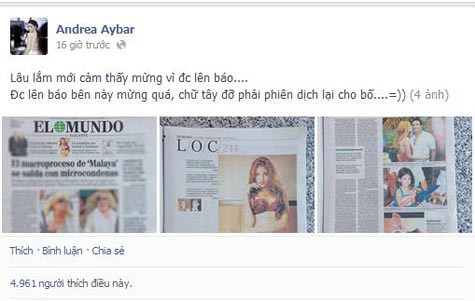 Andrea khoe ảnh được lên tạp chí trên trang cá nhân