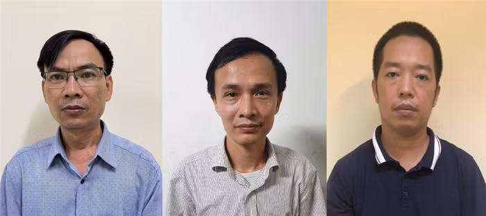 Các bị can Nguyễn Văn Kiên, Trịnh Mạnh Cường, Đinh Văn Hữu, Nguyễn Quang Tuyến, Võ Thúc Chính, Mai Thanh An (từ trên xuốc và từ trái qua).Ản: Bộ Công An