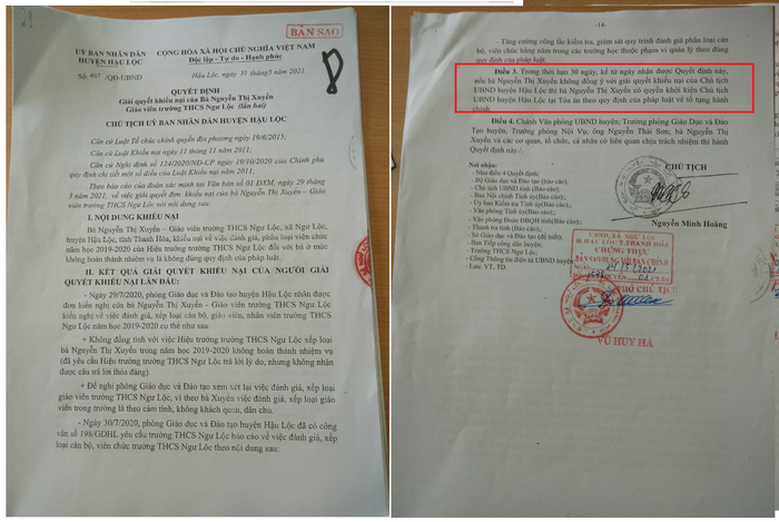 Trong quyết định giải quyết khiếu nại của bà Nguyễn Thị Xuyến, Chủ tịch Ủy ban nhân dân huyện Hậu Lộc đã hướng dẫn kiện ra tòa. Ảnh: Nhân vật cung cấp Trong quyết định giải quyết khiếu nại của bà Nguyễn Thị Xuyến, Chủ tịch Ủy ban nhân dân huyện Hậu Lộc đã hướng dẫn kiện ra tòa. Ảnh: Nhân vật cung cấp