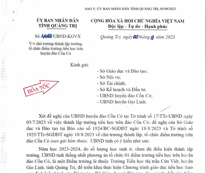 Công văn hỏa tốc của Ủy ban nhân dân tỉnh Quảng Trị. Ảnh: Chụp màn hình Công văn hỏa tốc của Ủy ban nhân dân tỉnh Quảng Trị. Ảnh: Chụp màn hình