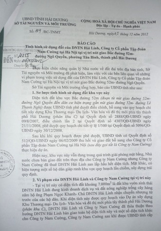 Sở Tài nguyên Môi trưởng tỉnh Hải Dương khẳng định: Công ty Nam cường khi chưa thực hiện xong việc bồi thường giải phóng mặt bằng, chưa được Nhà nước bàn giao đất nhưng đã thuê DNTN Hải Linh san lấp thực hiện dự án là hành vi sử dụng đất sai mục đích, vi phạm pháp luật về đất đai, đầu tư. Sở Tài nguyên Môi trưởng tỉnh Hải Dương khẳng định: Công ty Nam cường khi chưa thực hiện xong việc bồi thường giải phóng mặt bằng, chưa được Nhà nước bàn giao đất nhưng đã thuê DNTN Hải Linh san lấp thực hiện dự án là hành vi sử dụng đất sai mục đích, vi phạm pháp luật về đất đai, đầu tư.