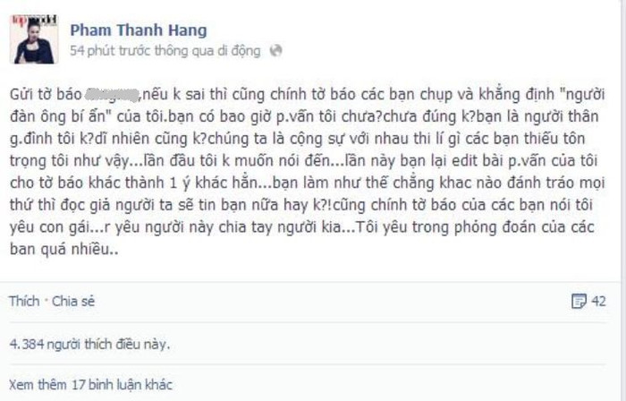 Thanh Hằng bức xúc khi bị sửa bài phỏng vấn Thanh Hằng bức xúc khi bị sửa bài phỏng vấn