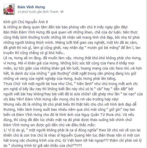 Chia sẻ của ca sĩ Đàm Vĩnh Hưng muốn gửi đến nhạc sĩ Nguyễn Ánh 9