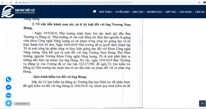 Văn bản trả lời của trường Đại học Điện Lực đăng tải trên website của nhà trường. (Ảnh chụp màn hình)