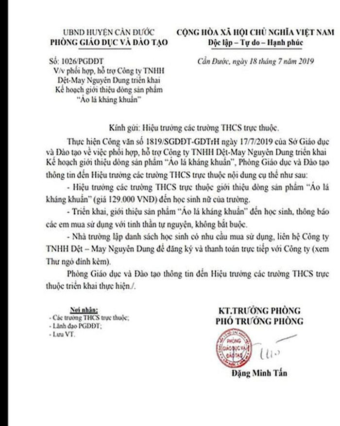 Công văn của Phòng Giáo dục và Đào tạo huyện Cần Đước (Long An) (Ảnh chụp màn hình) Công văn của Phòng Giáo dục và Đào tạo huyện Cần Đước (Long An) (Ảnh chụp màn hình)