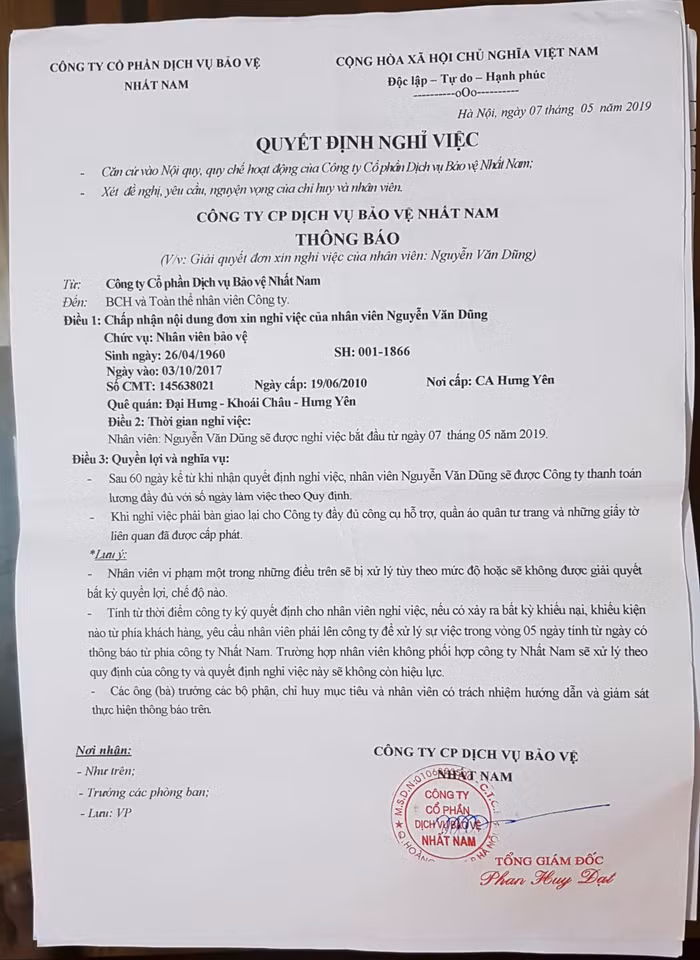 Ông Nguyễn Văn Dũng được hứa sẽ trả lương sau 60 ngày, tuy nhiên, đến nay ông vẫn chưa nhận được đồng nào từ Công ty cổ phần dịch vụ Bảo vệ Nhất Nam. (ảnh: Ông Dũng cung cấp)