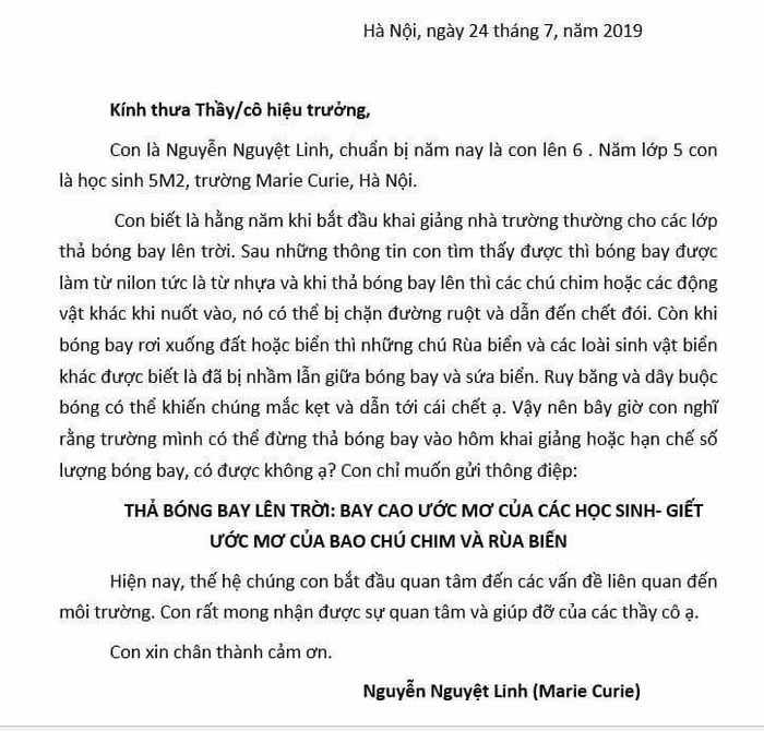 Thông điệp của cô bé Nguyễn Nguyệt Linh đang lan truyền trên mạng xã hội khiến người lớn phải suy nghĩ. (Ảnh chụp màn hình)
