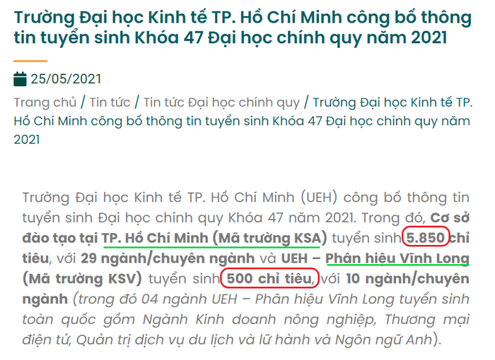 Chỉ tiêu tuyển sinh năm 2021 do Đại học Kinh tế thành phố Hồ Chí Minh công bố trước đó. Ảnh chụp màn hình
