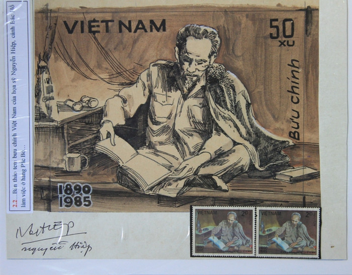 Bản thảo tem bưu chính Việt Nam của họa sỹ Nguyễn Hiệp, cảnh Bác Hồ làm việc ở hang Pắc Bó.