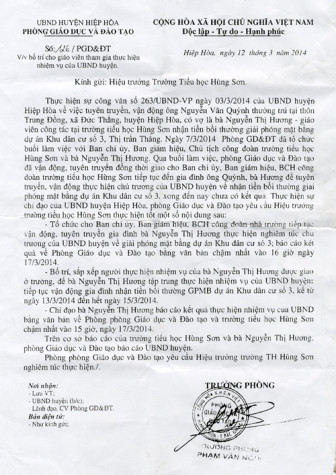 Công văn ép cô giáo dạy tiểu học phải nghỉ việc ở nhà đề "vận động" chồng nhận tiền đền bù, giao đất cho dự án. Công văn ép cô giáo dạy tiểu học phải nghỉ việc ở nhà đề "vận động" chồng nhận tiền đền bù, giao đất cho dự án.