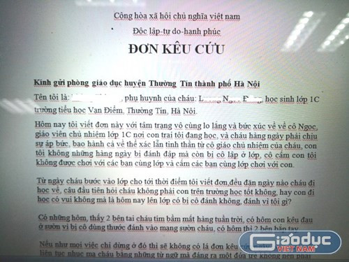 Một lá đơn kêu cứu của phụ huynh học sinh có con không đi học thêm bị giáo viên trù dập, ảnh: Giaoduc.net.vn. Một lá đơn kêu cứu của phụ huynh học sinh có con không đi học thêm bị giáo viên trù dập, ảnh: Giaoduc.net.vn.