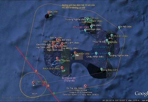 Hình minh họa đường cơ sở Trung Quốc tự vẽ ở Hoàng Sa bằng cách "vận dụng" vô lý phương pháp xác định đường cơ sở thẳng, áp dụng cho quốc gia quần đảo theo Điều 47 UNCLOS do học giả Song Phan, Sydney, Úc đồ họa.